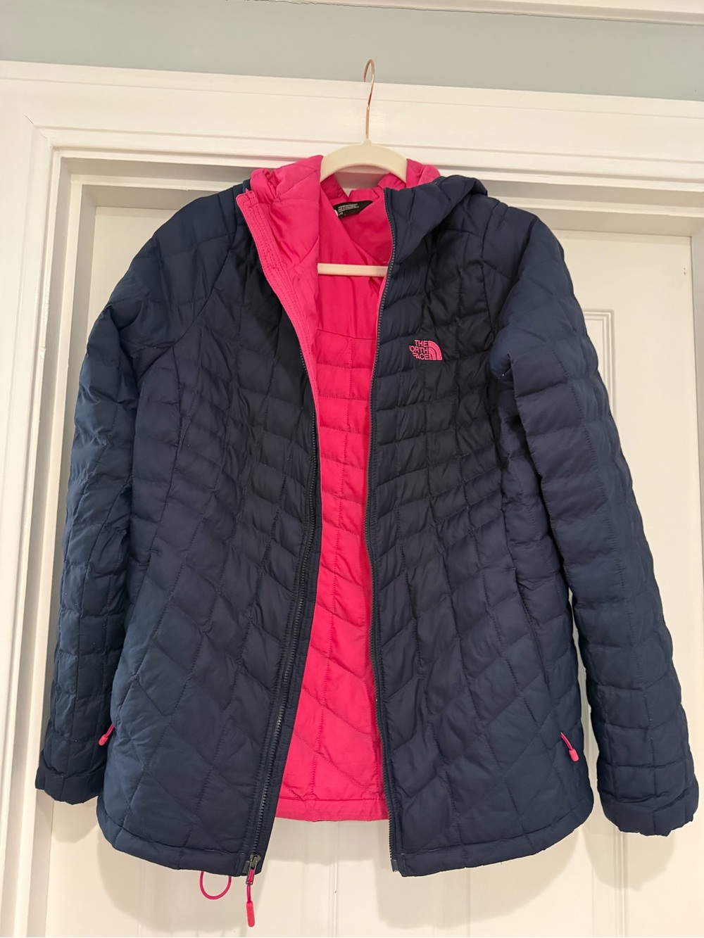 The North Face Navy Jacket with Pink Lining Hooded Puffer